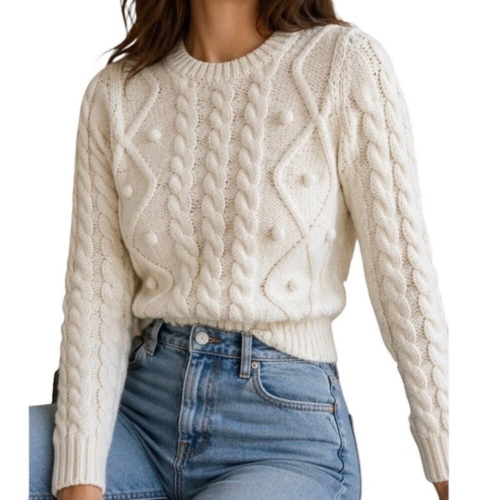 Carven Cable Knit Sweater XS Wool Blend Cream Textured Pom Knit